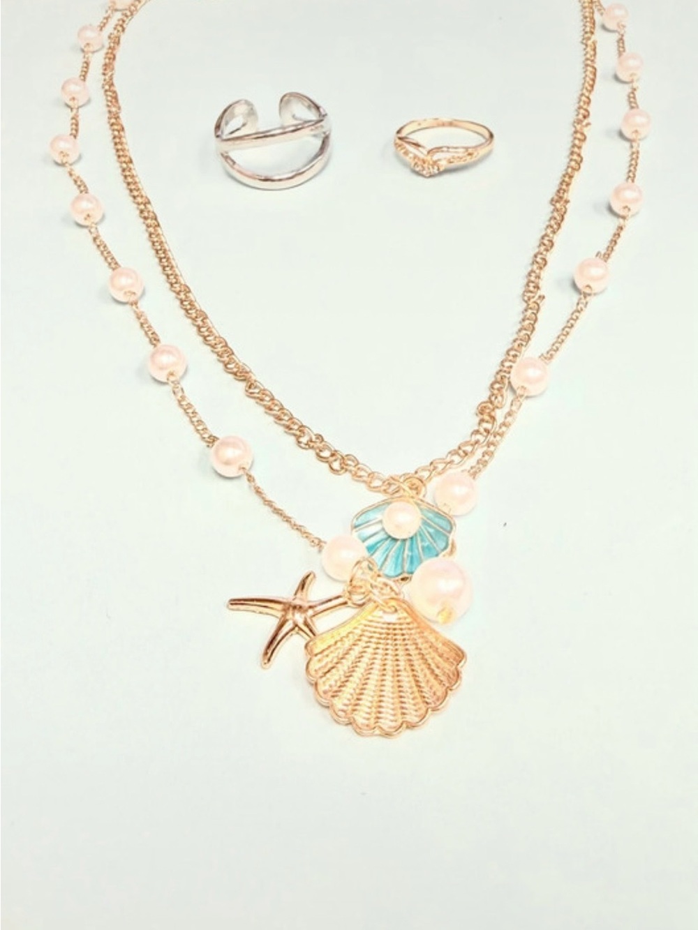 Gold-Tone Layered Shell & Pearl Necklace with Blue Accent - Women Jewelry